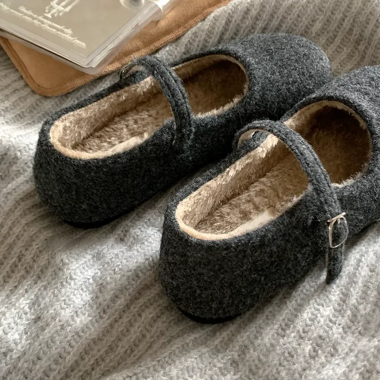 混色高级灰~法式玛丽珍毛毛鞋女秋冬款外穿加绒保暖棉单鞋勃肯鞋