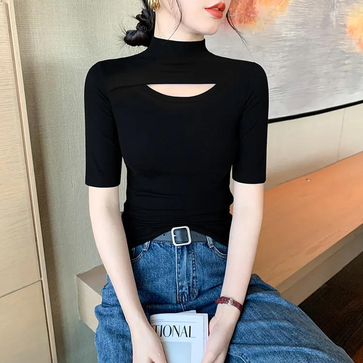 镂空黑色半高领t恤女中袖2025新款五分半袖修身打底衫正肩上衣夏