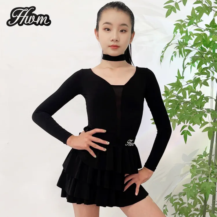 2025新款拉丁舞服女童V领长袖秋冬练功服高级感表演出训练服套装