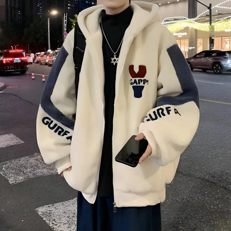 东方骆驼防羊羔绒棉衣男士连帽外套冬季加厚棉服潮牌宽松棉袄子