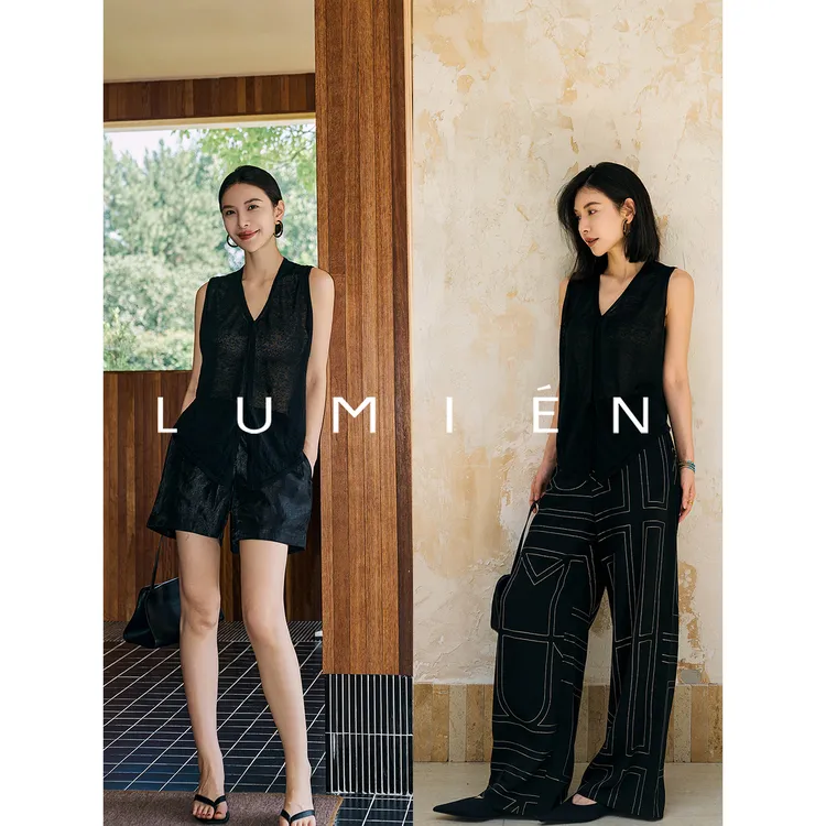 现货【LUMIEN】“晚风”黑色设计感时尚休闲亚麻V领马甲背心LX5EHH73