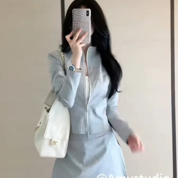 韩系连帽拉链开衫卫衣外套搭配半身裙运动套装