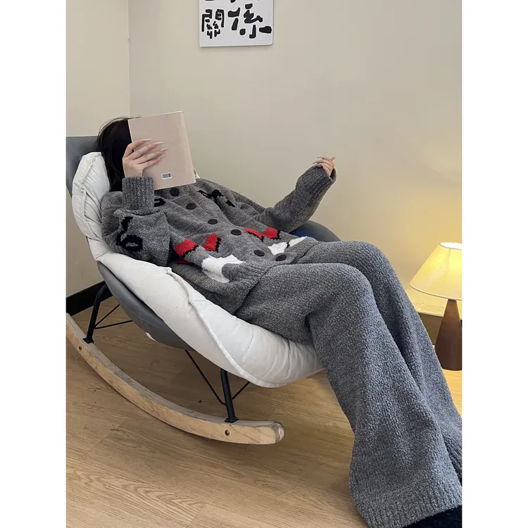 慵懒风可爱卡通长袖睡衣女秋冬2025新款半边绒开衫长裤家居服套装