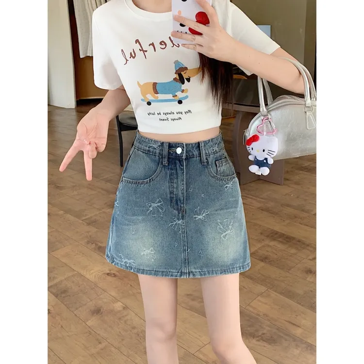 2025夏季新款胖mm大码辣妹蝴蝶结牛仔半身裙遮肉小个子防走光裙裤