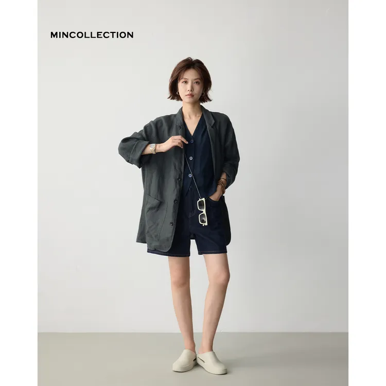 DE Mincollection灰绿麻外套/水洗亚麻休闲舒适衬衫领外套50002