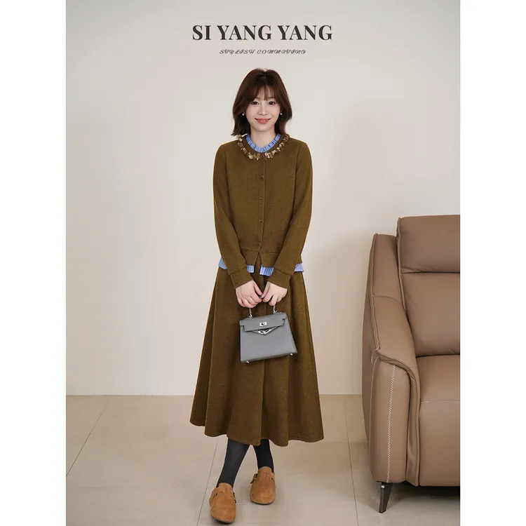 斯洋洋SIYANG绒面撞色圆领百搭通勤假俩件气质套装TZ510A090SYY