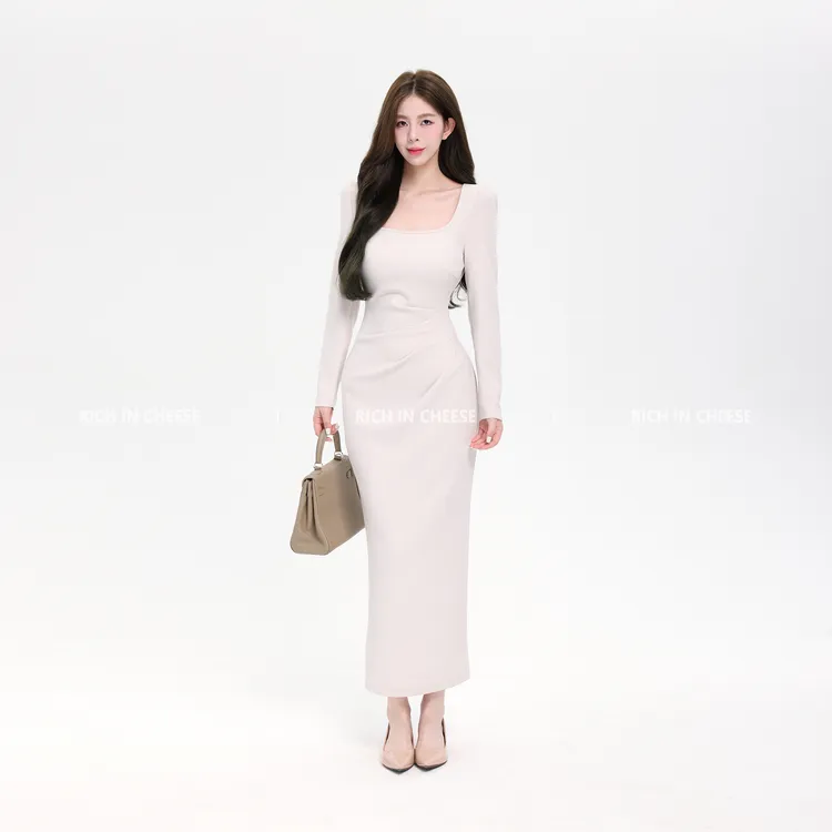 舒胡蕾 优雅月光【长袖版】秋冬一裙三穿高定弹力抽褶收腰连衣裙