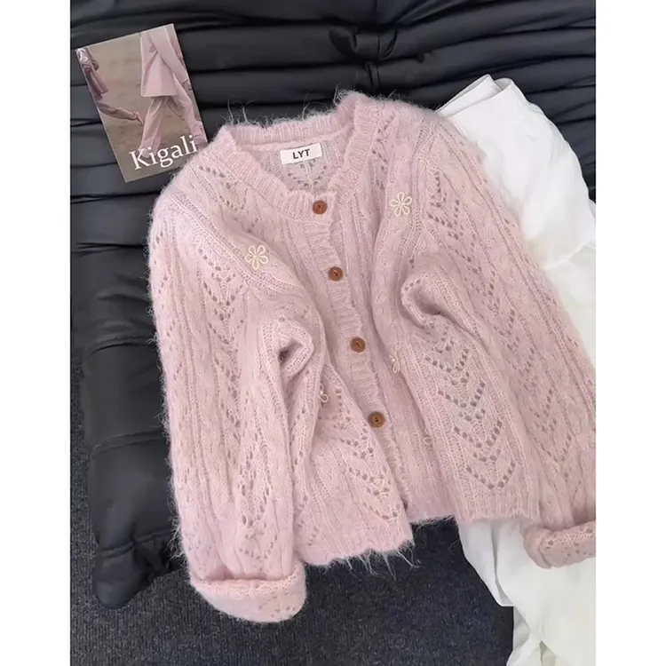 韩系圆领镂空花边针织开衫女早秋季2025新款时尚百搭减龄毛衣外套