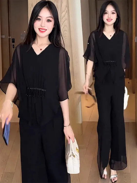 时尚套装女2025夏季新款洋气显瘦气质短袖上衣阔腿裤两件套潮女士