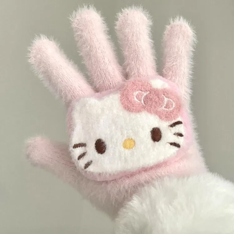 kt猫蝴蝶结手套保暖冬防冻HelloKitty少女防寒学生骑行骑车仿兔绒