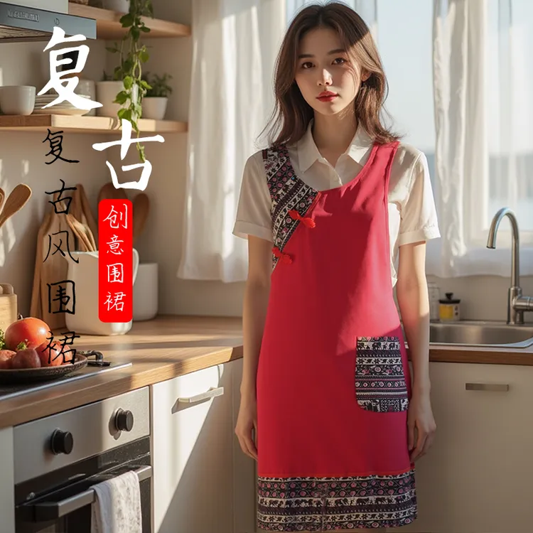 复古民族风中式围裙厨房家用工作服透气做饭餐饮上班专民族风防污