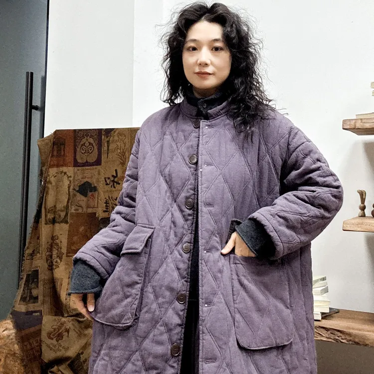 冬季新款加厚宽松棉服外套菱形格显瘦中长款秋冬女生保暖棉衣9293