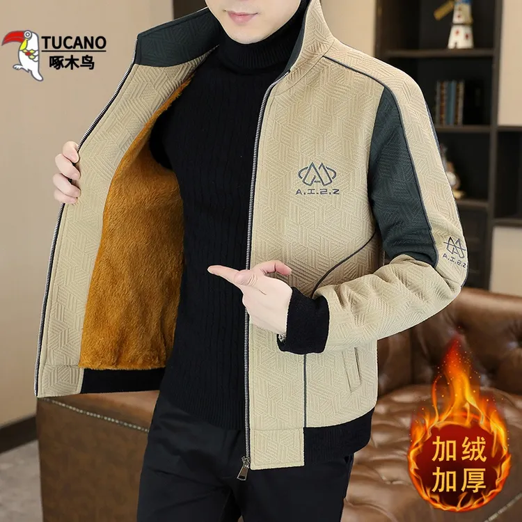 啄木鸟加绒夹克男装冬季2025新款潮牌拼接撞色立领短款加厚外套潮