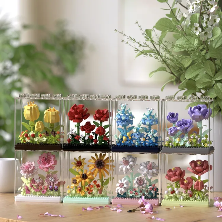 潮乐创微颗粒绮梦花盒永生花带展示盒摆件送女生新年礼物拼装积木