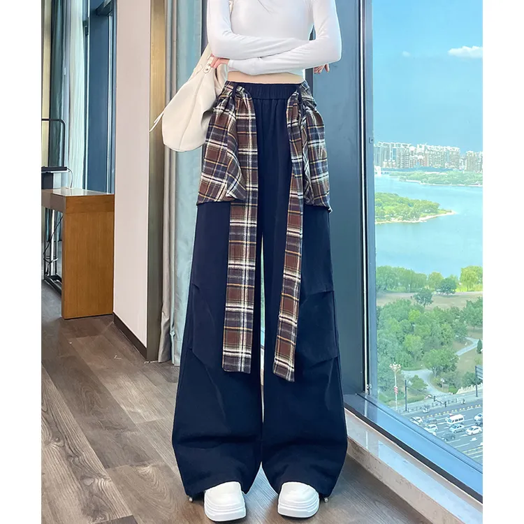 美式复古弯刀阔腿裤女秋季松弛高级感工装裤格子屁帘拖地裤洋气潮