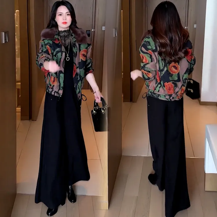 时尚印花毛领短款棉服女2025冬季新款显瘦洋气小个子保暖加绒外套