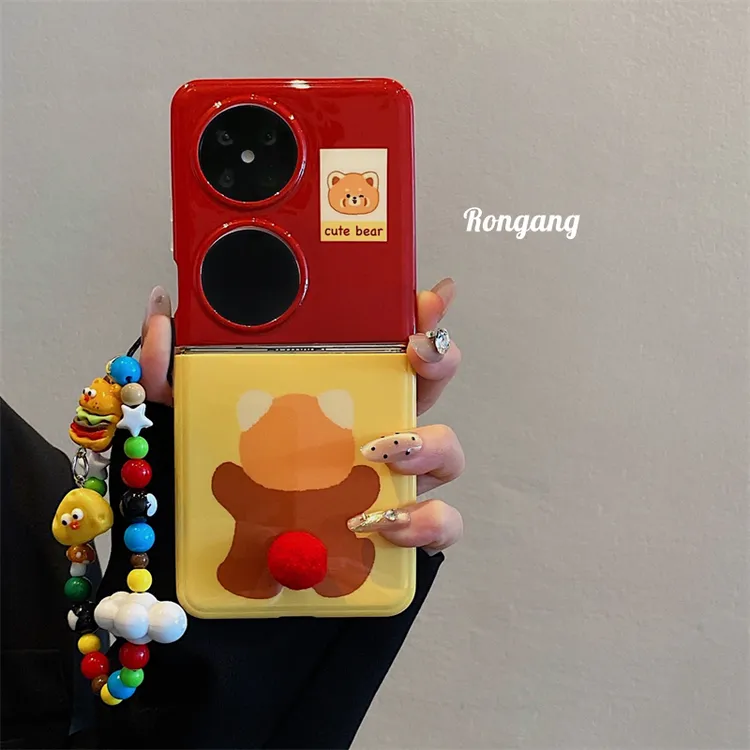 适用华为pocket2/s折叠屏手机壳日韩可爱拼色p50小熊背影带链条