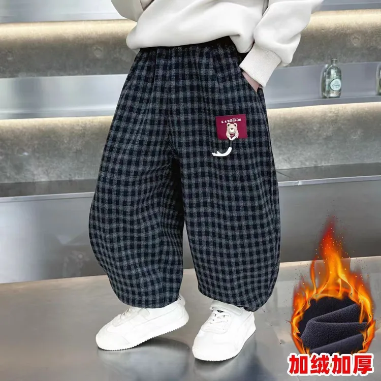 男童加绒裤子秋冬2025新款洋气儿童格子卫裤小男孩加厚休闲束脚裤