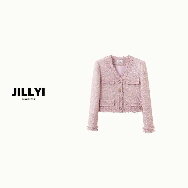 jillyi【粉紫回响】秋季粉紫色V领时尚重工长袖百搭洋气外套