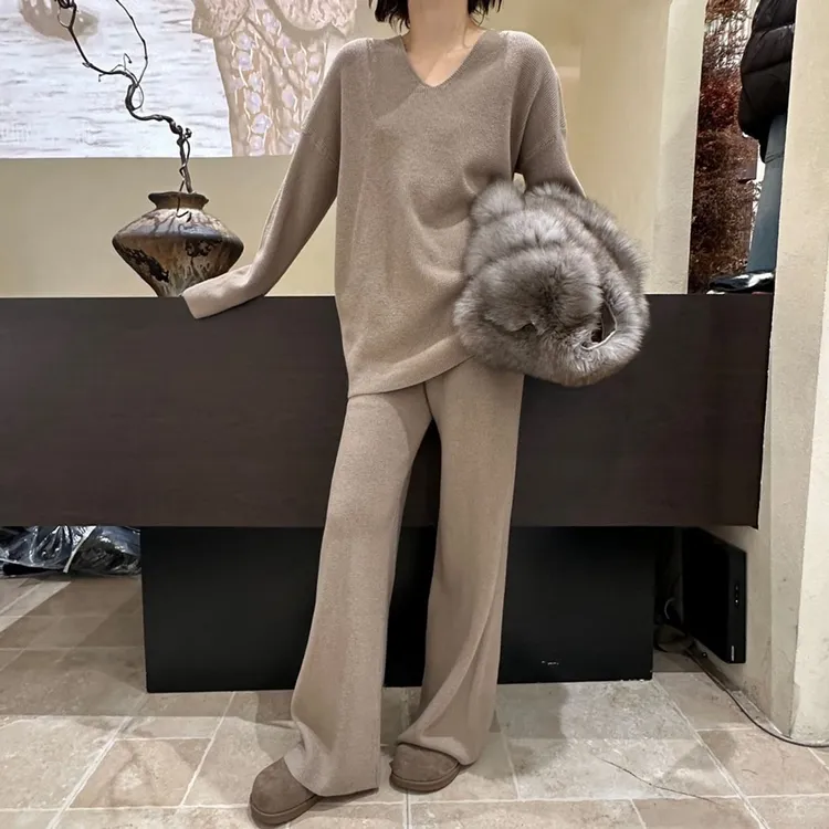 慵懒风针织套装女2025秋冬松弛感长袖上衣阔腿裤两件套极简风穿搭