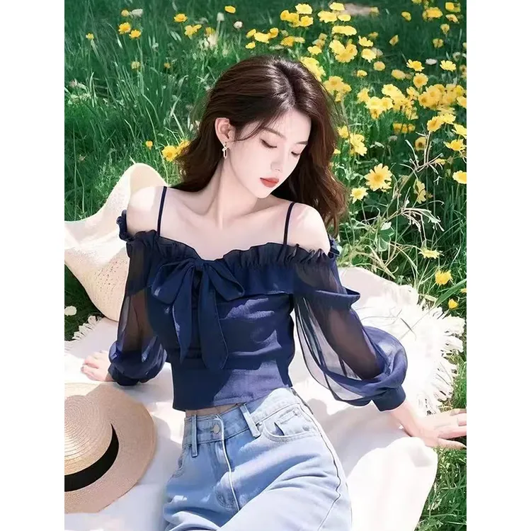 法式绝美气质雪纺衬衫女装2025春季新款名媛蝴蝶结露肩漂亮短上衣