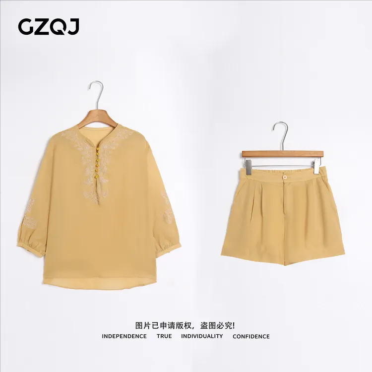 老琴私服【知否知否】100苎麻欧若风刺绣上衣+短裤子套装女夏季3603