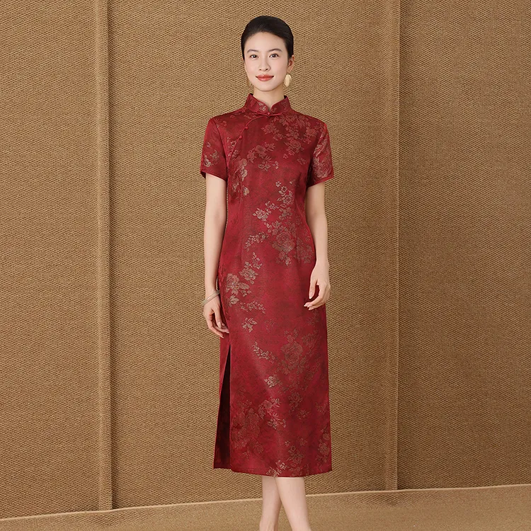 齐黛送考妈妈真丝桑蚕丝连衣裙2025新款改良旗袍中式礼服立领裙子