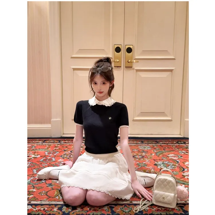 【鞠式穿搭】2025新款学院风蕾丝娃娃领T恤上衣miu系蕾丝半裙套装女