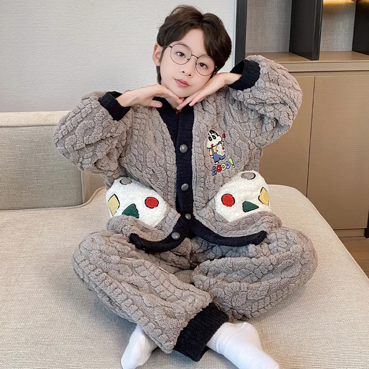 儿童法兰绒冬季男童睡衣新款珊瑚绒加绒加厚男孩6-12岁家居服开衫