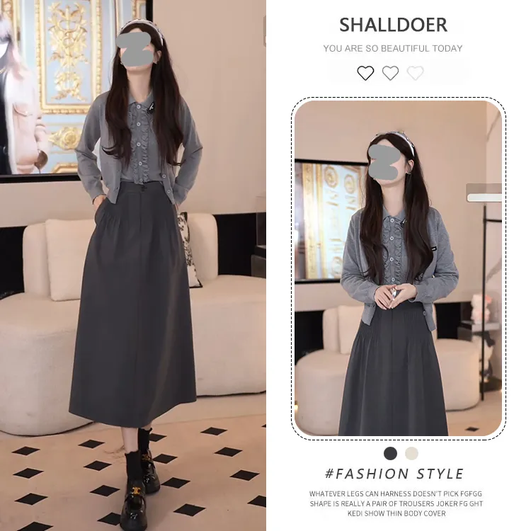 韩版学院风套装女2026春秋新款花边针织背心开衫外套半身裙三件套