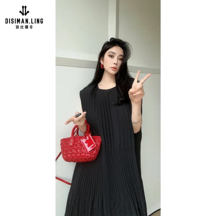 迪丝嫚苓多色梭织连衣裙显瘦气质无袖时尚休闲百搭女士长款小众感