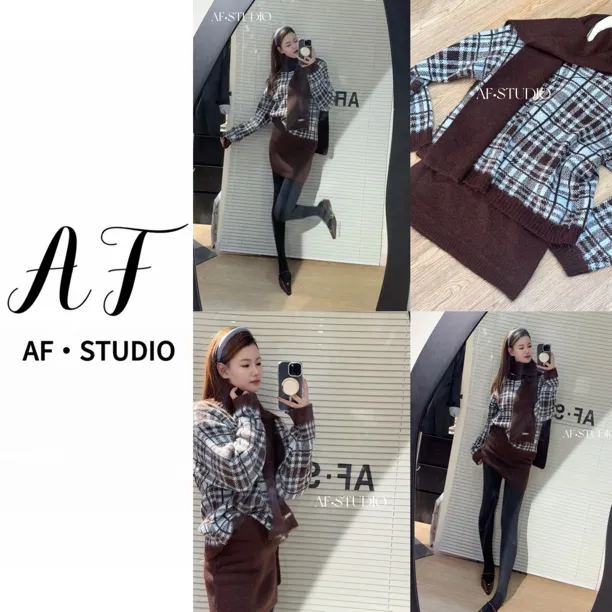 AF& 安琪搭配同款小香风格纹圆领套头毛衣+半身裙套装 （配围巾）