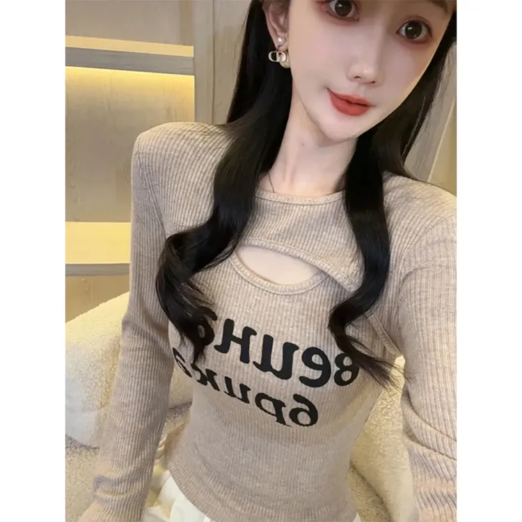 小众百搭印花T恤长袖修身性感纯欲风常规款简约风显瘦针织辣妹