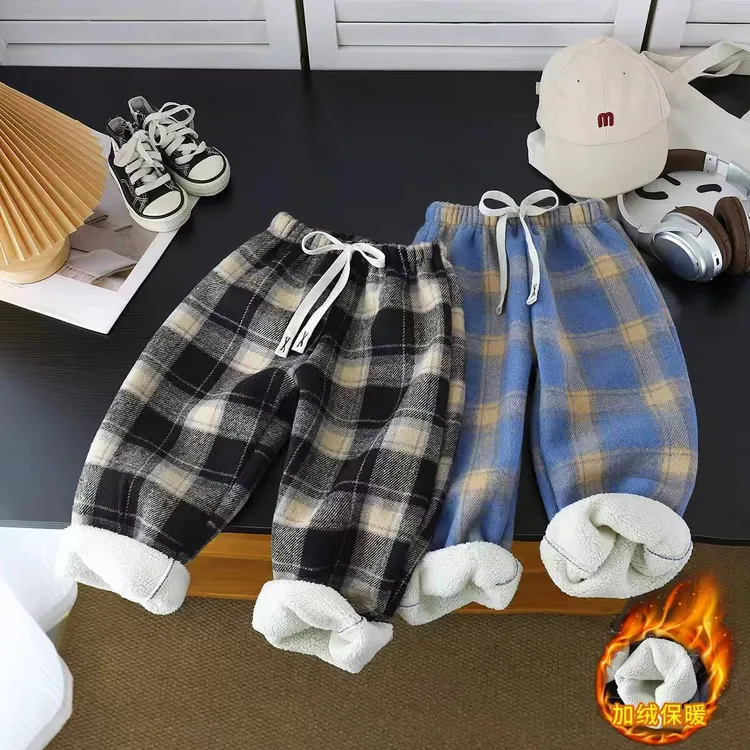 休闲风格子裤松紧带加绒男女宝宝休闲裤长裤棉裤