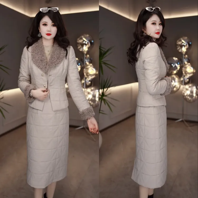 棉外套+连衣裙2025冬季新款加厚加绒轻奢优雅毛领棉服套装裙M-5XL