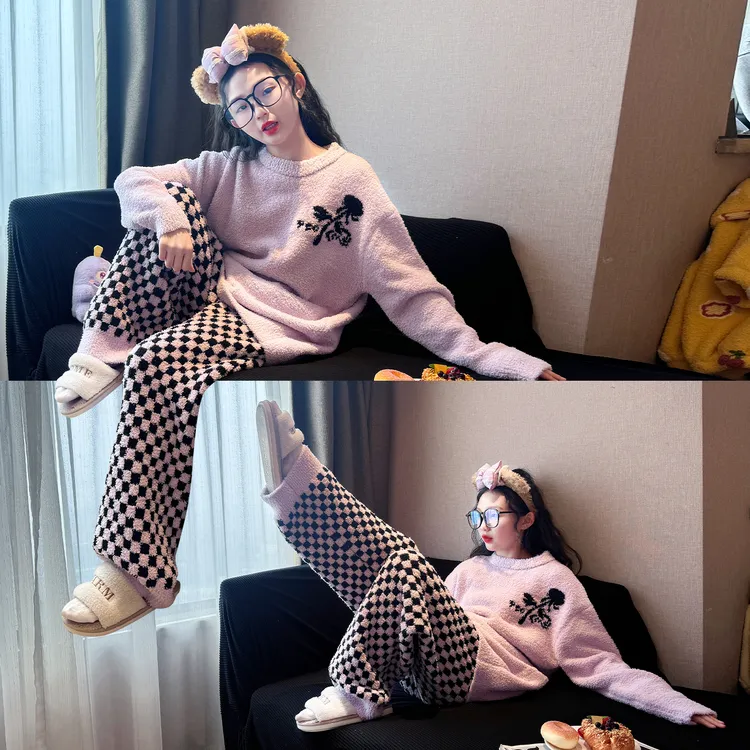 女童珊瑚绒睡衣2025新款初中生秋冬半边绒家居服儿童居家保暖套装