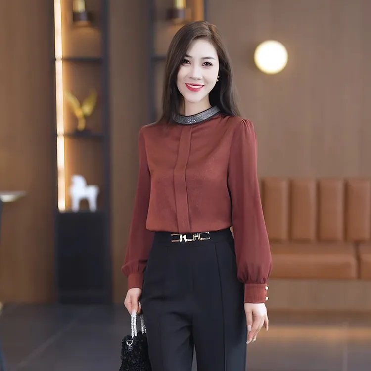 2025年春季新款时尚气质显瘦高级感打底衬衣套头衬衫女士长袖上衣
