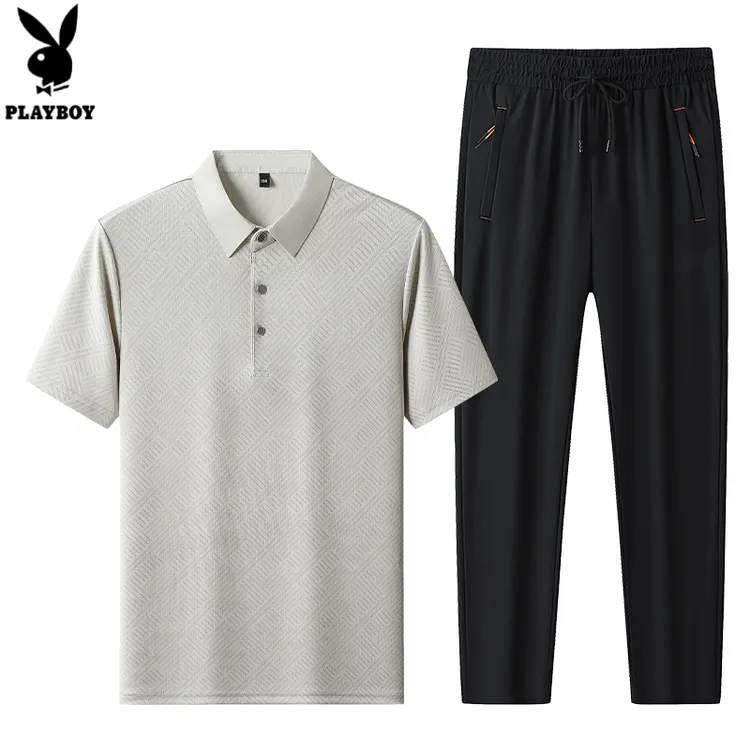 花花公子【冰丝套装】夏日户外短袖POLO衫男速干裤爸爸装父亲节C6透