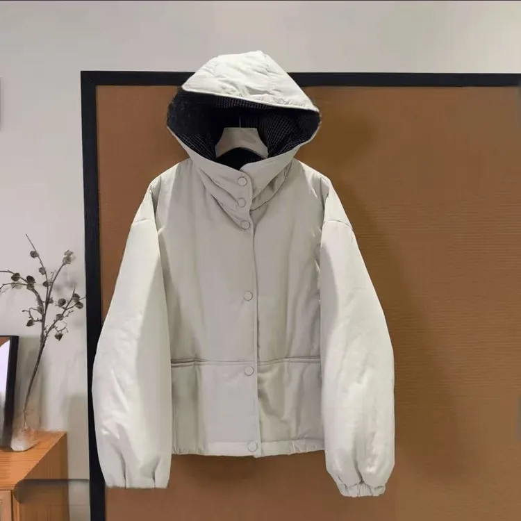 欧货格子拼接连帽短款外套女秋季2025新款宽松显瘦夹棉休闲上衣潮