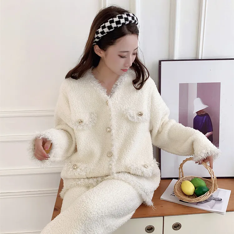 半边绒加厚睡衣女孩子甜美小香风秋冬季可外穿出门冬天套装家居服