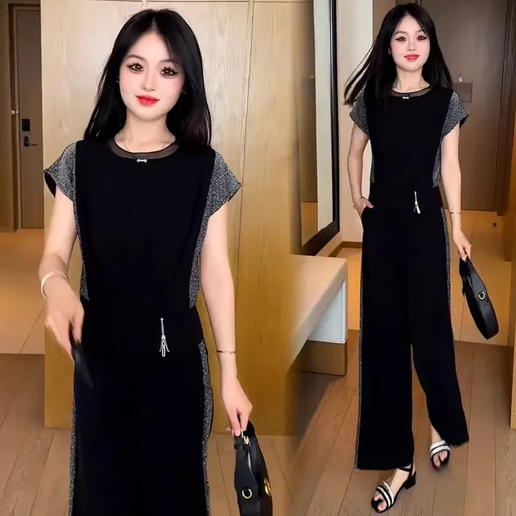 时尚雪纺套装女2025夏季新款洋气不规则V领短袖上衣阔腿裤两件套