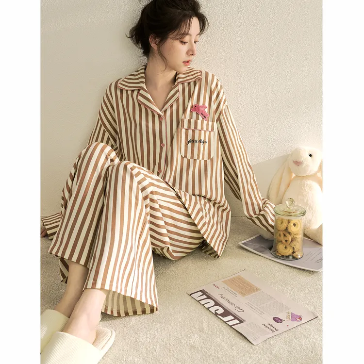 陌娇"条纹腔调"睡衣女春秋款2025新款纯棉长袖宽松开衫家居服套装