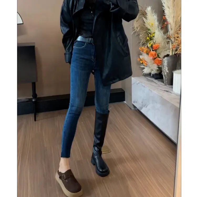 蓝色高腰牛仔裤女2025春秋新款修身显瘦紧身弹力小个子九分小脚裤