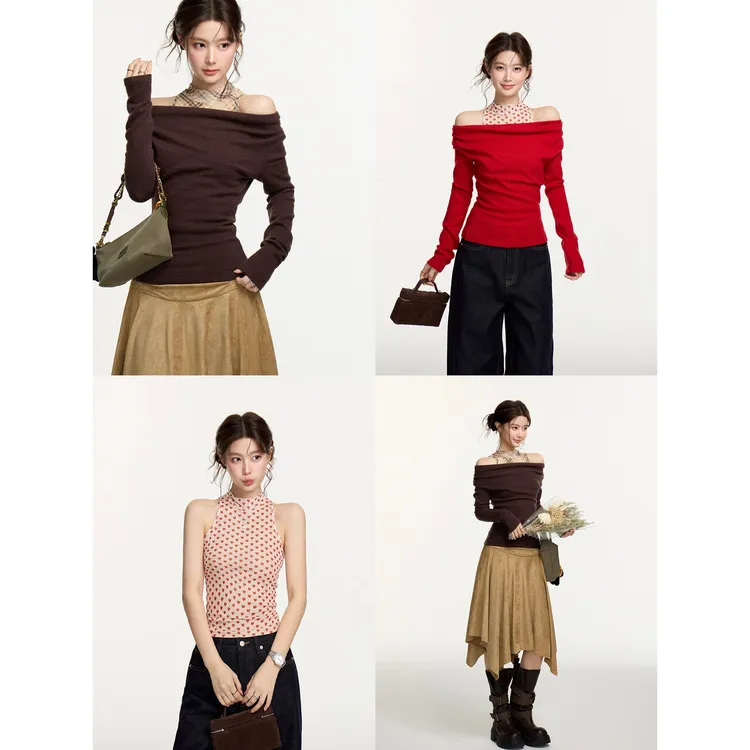 一字肩套头毛衣女冬季半高领格纹背心套装 C 5005#