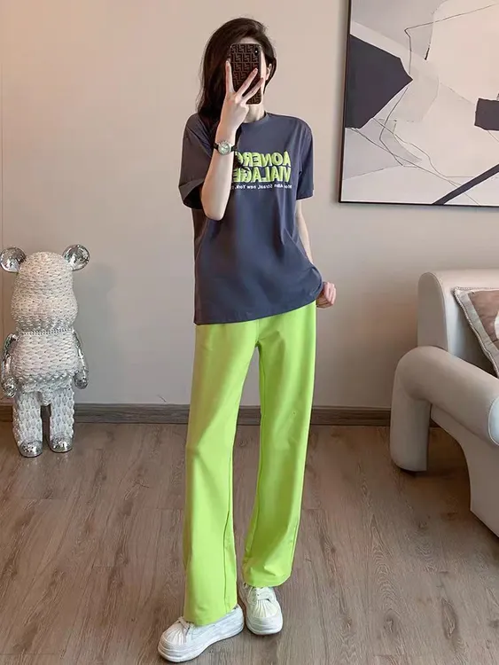 印花时尚女阔腿裤夏季短袖运动套装百搭春夏高腰夏装阔腿薄款
