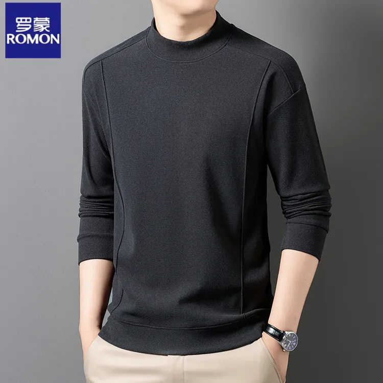 罗蒙双面德绒打底衫男半高领长袖t恤休闲磨毛卫衣男保暖内搭上衣