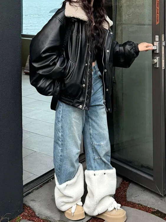 美式复古可拆卸摇粒绒腿套牛仔裤子女辣妹小众设计感百搭拖地长裤