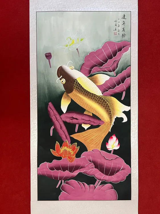 418四尺77x163cm连年有余荷花鱼已裱片玄关书房客厅手工装饰画