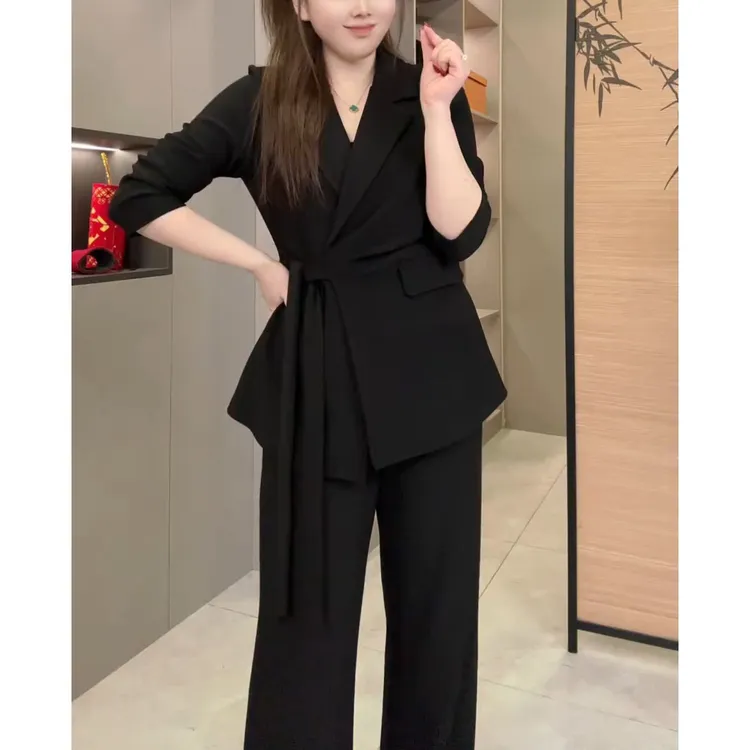 2025秋季新款时尚大码宽松显瘦系带西装上衣高腰阔腿裤两件套装女