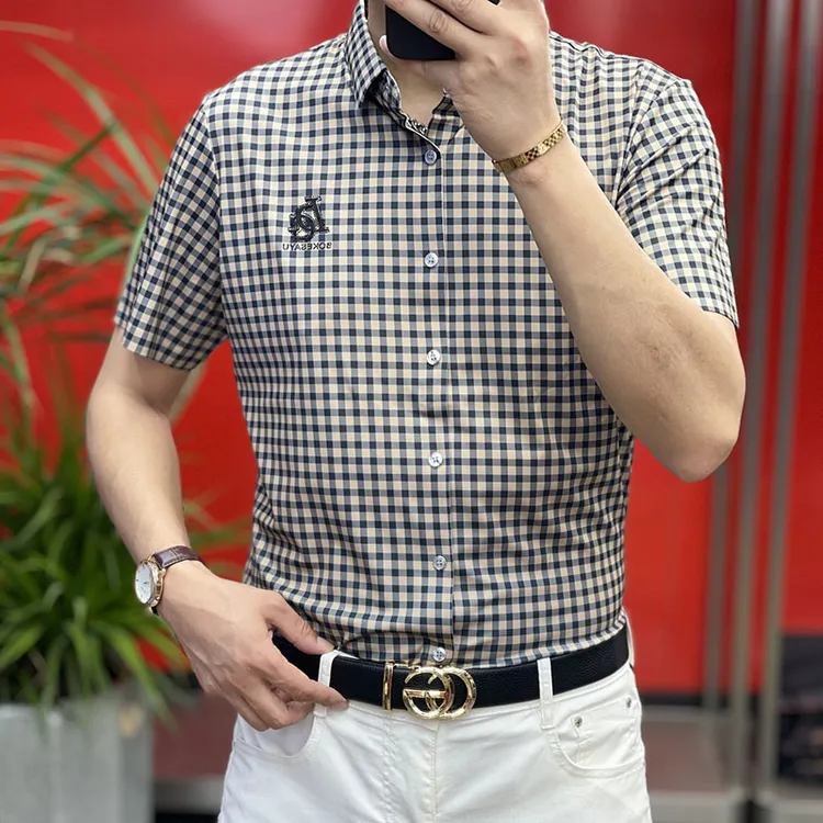 {专柜品质}2025夏季短袖格子衬衫男士衬衣格子衬衫